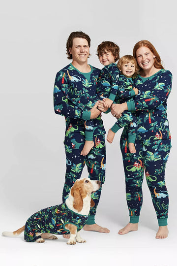 Navy Green Christmas Pattern Printed Long Sleeves Family Matching Pajamas